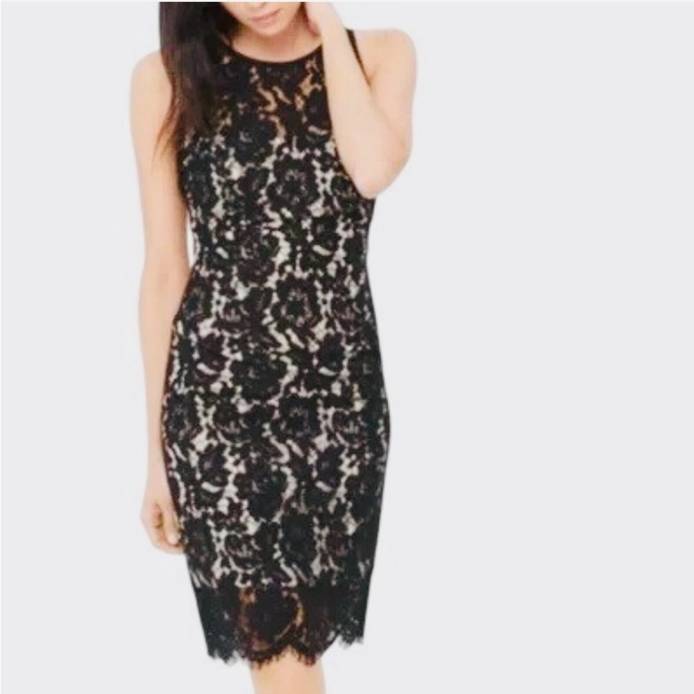 White House Black Market Black and Lace Overlay Tan Halter Sheath Midi Dress